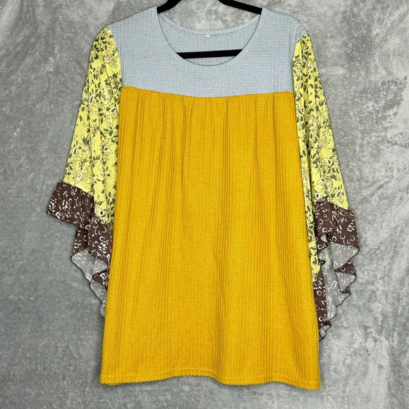 Amazon 1X Shirt Top Yellow Gray Solid Asymmetrical Short Sleeve Round Neck Knit - Picture 1 of 5